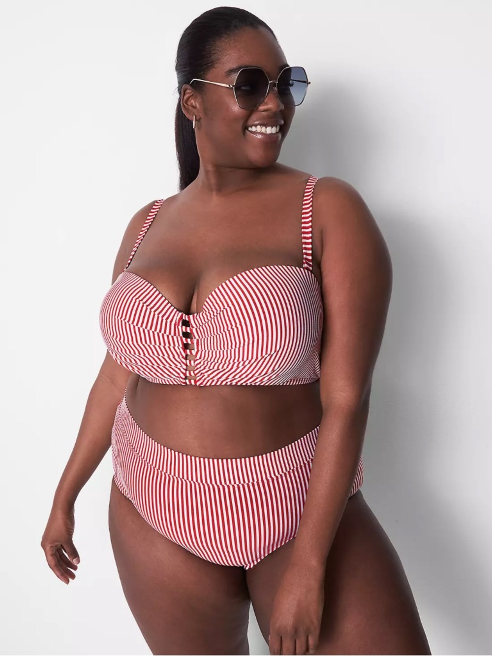 Lane Bryant Cacique Seersucker Red White Stripe 44F Strappy Swimsuit Bikini Top